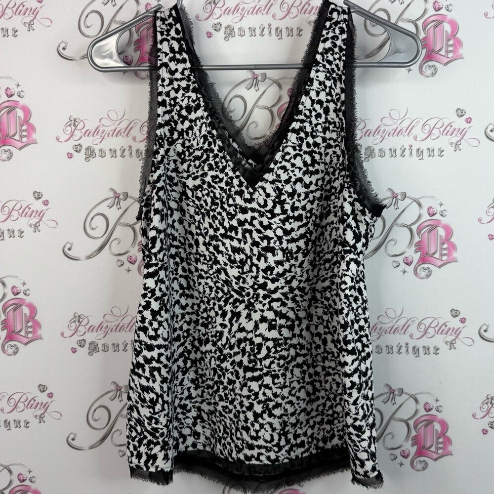 Halogen tank top, cheetah, leopard, distressed trim, Black and White Camisole